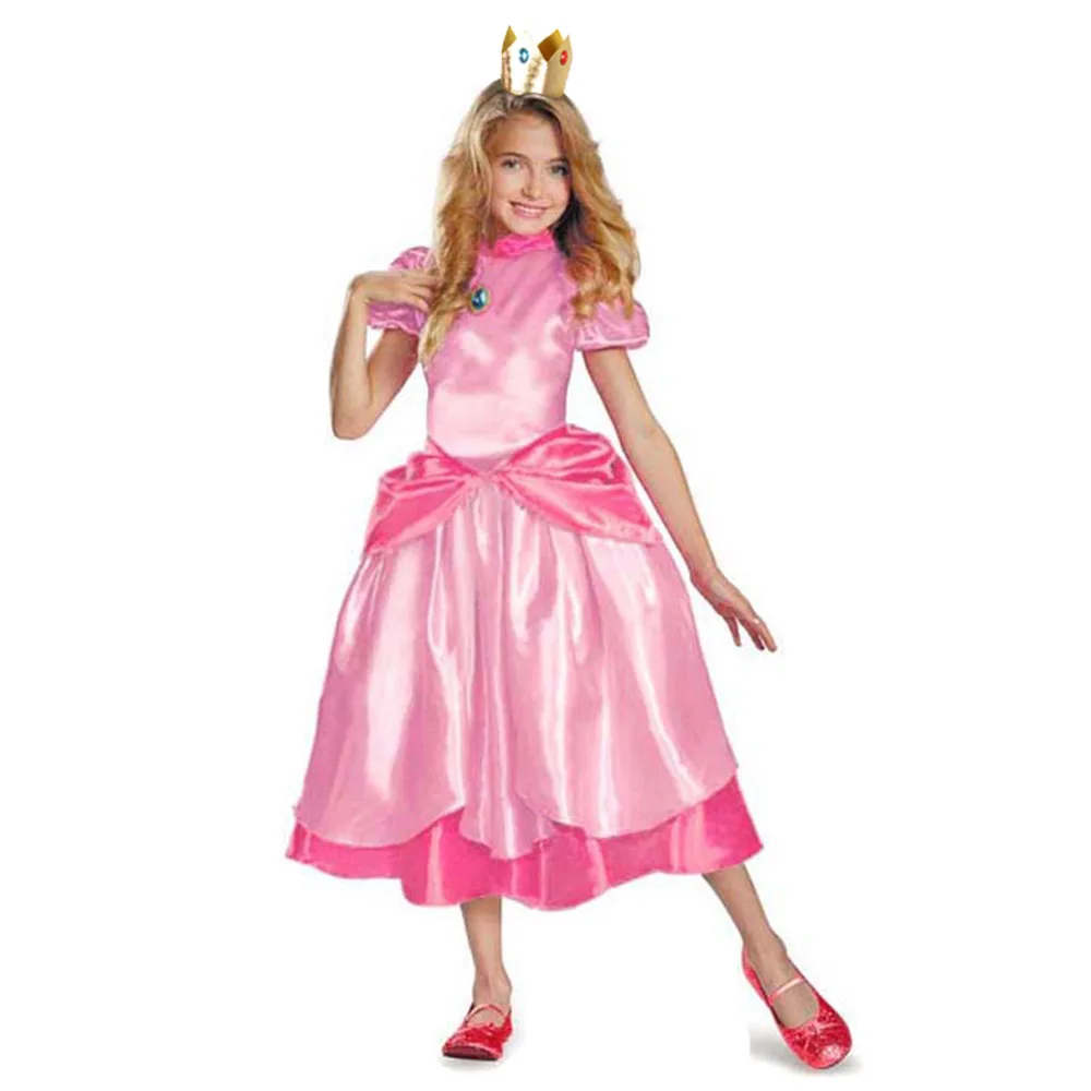 Kids Party Games - リトルプリンセスピーチスーパーブラザーズコスチュームクラシックゲームキッズガールズ長袖カーニバルコスプレパーティードレスギフトクリスマス